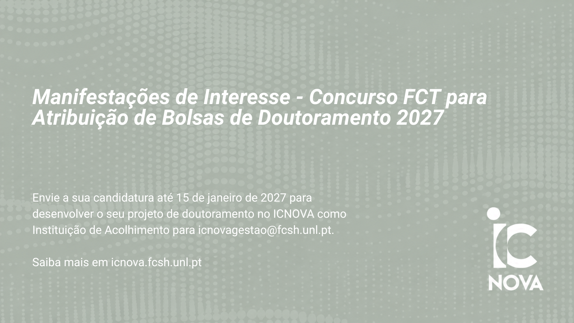 Cartaz de anúncio de manifestações de interesse para bolsas de doutoramento FCT 2027 no ICNOVA.